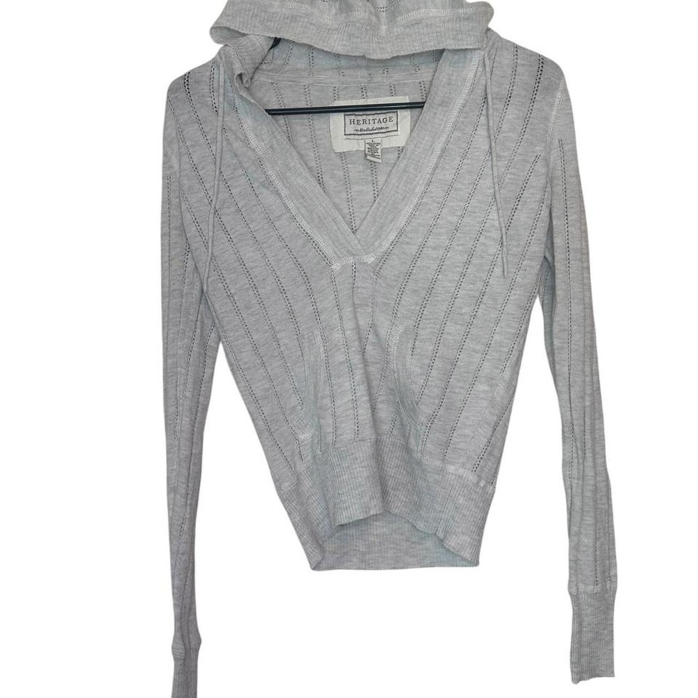 Heritage Women Gray 100% Cotton Knit V-Neck Hooded Ribbed Sweater Size L